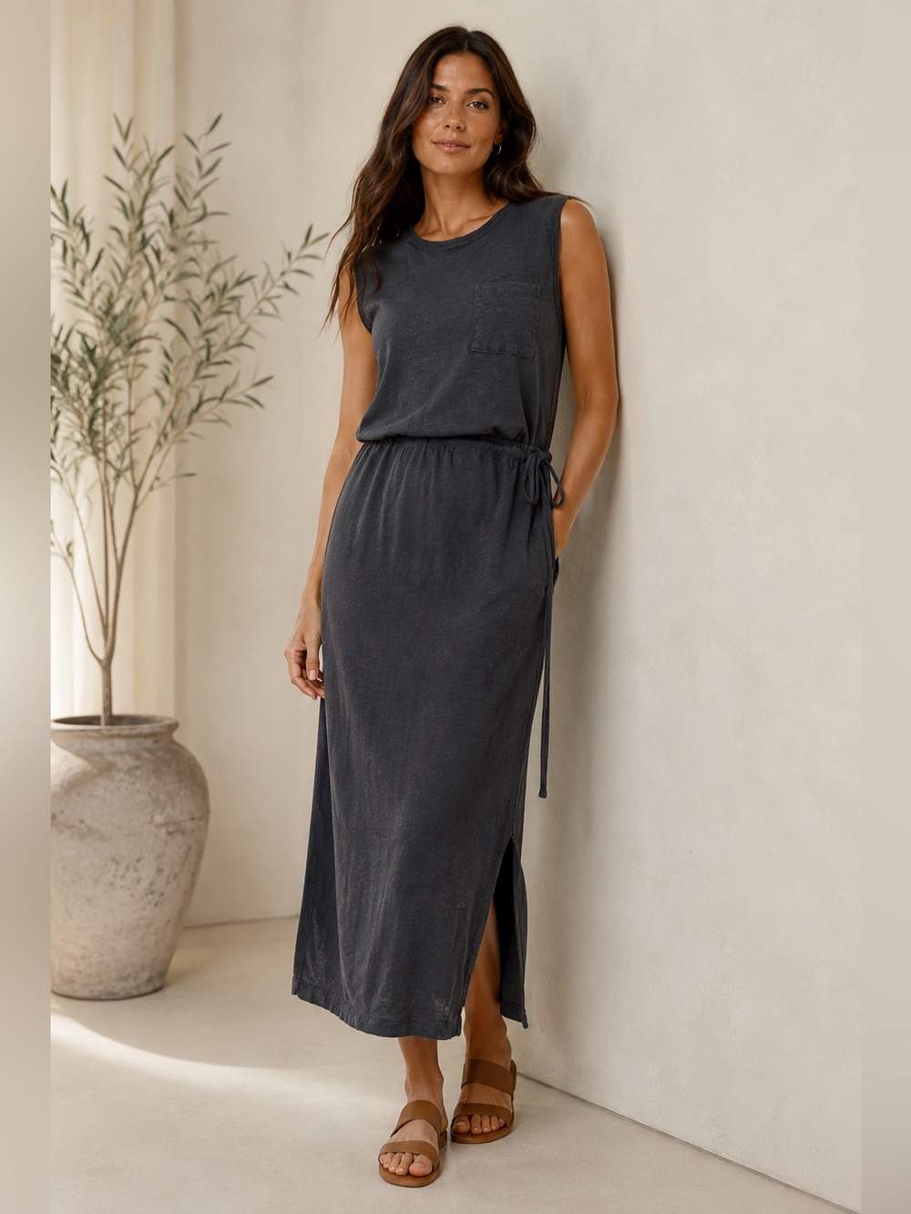 GAP 100% Linen Knit Midi Dress XS Charcoal Gray Sleeveless Drawstring Pocket⁠